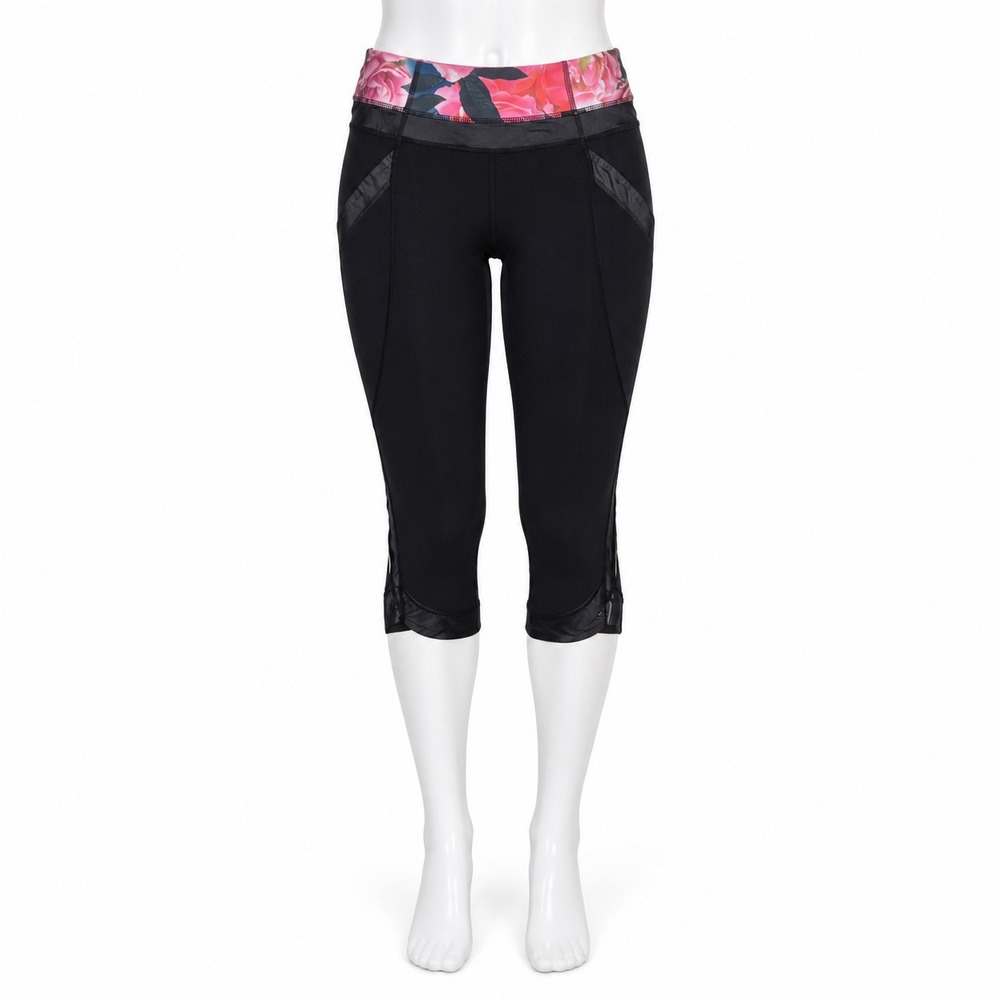 Lululemon Black Crop Leggings Women's 4 Gym Workout Running Floral Waistband